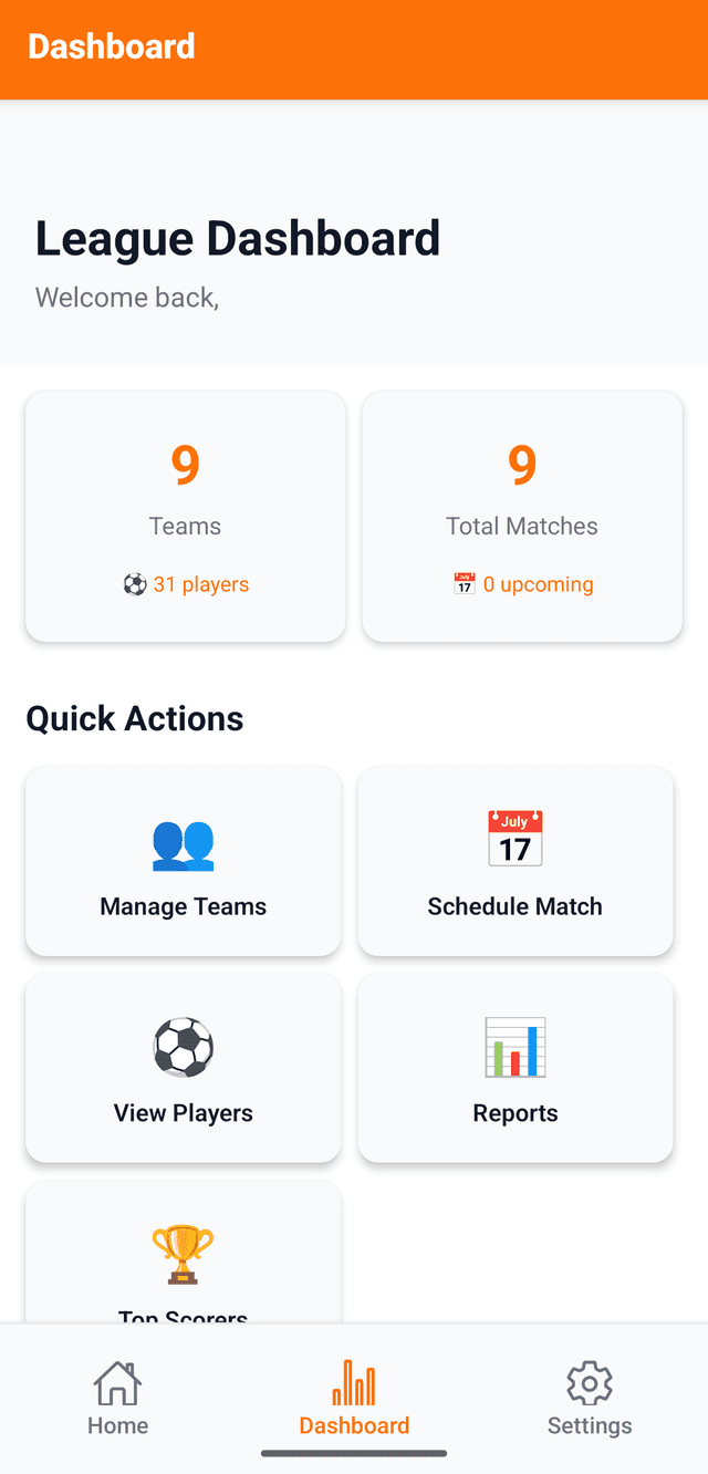 League dashboard showing teams, matches, and quick actions for managing operations