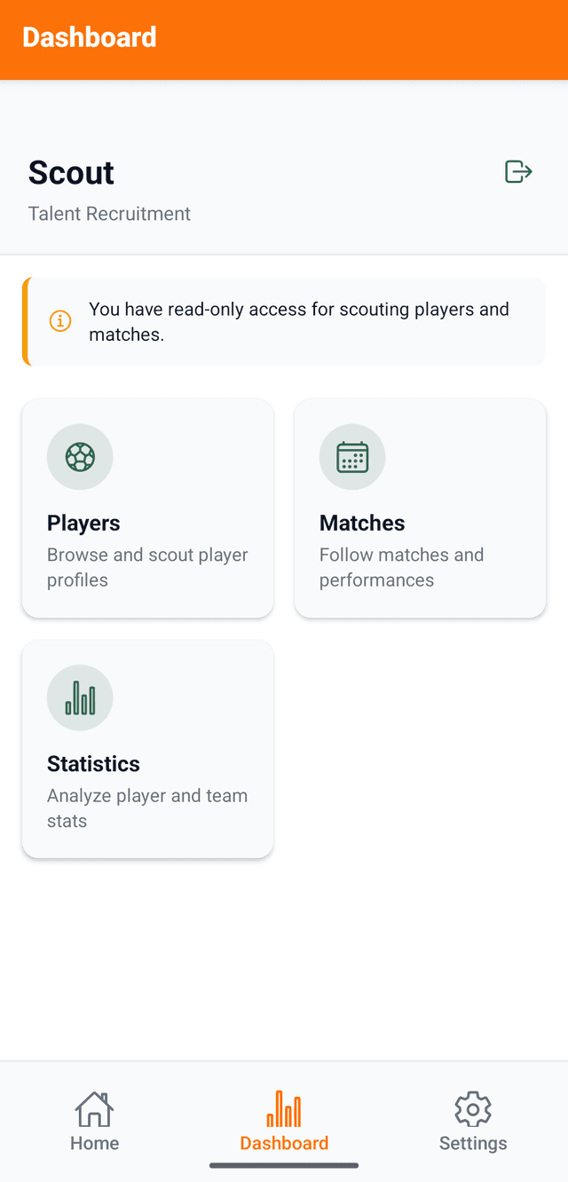Scout dashboard for browsing players, matches and statistics