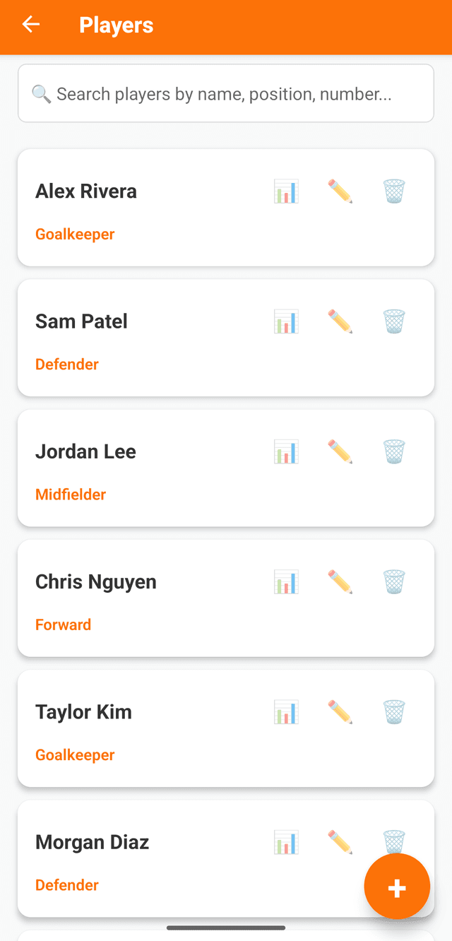 Team roster screen listing players with positions and management controls